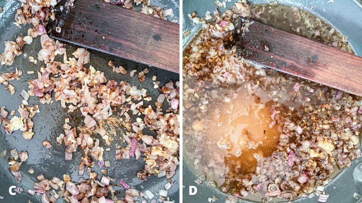 Shallots cooked with garlic and added bourbon, sugar, and maple syrup