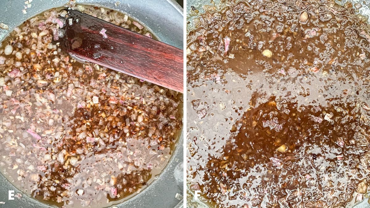 Sugars melted in the pan with shallots and then cooked to thicken