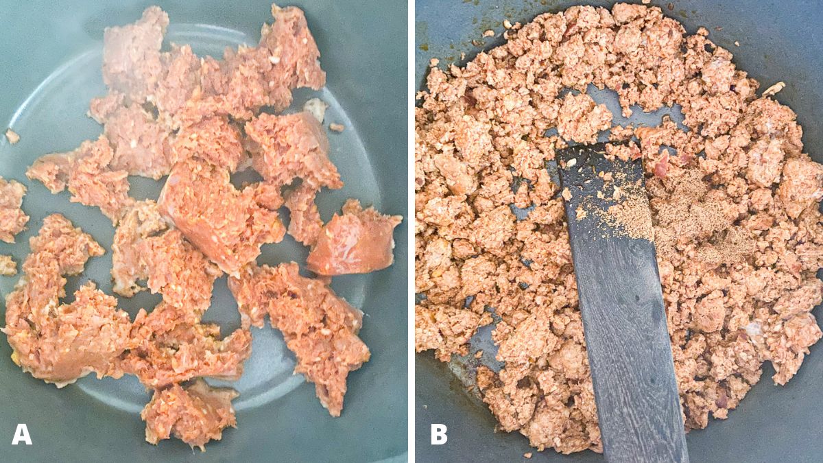 chorizo in the pan and then cooked and chopped with spices