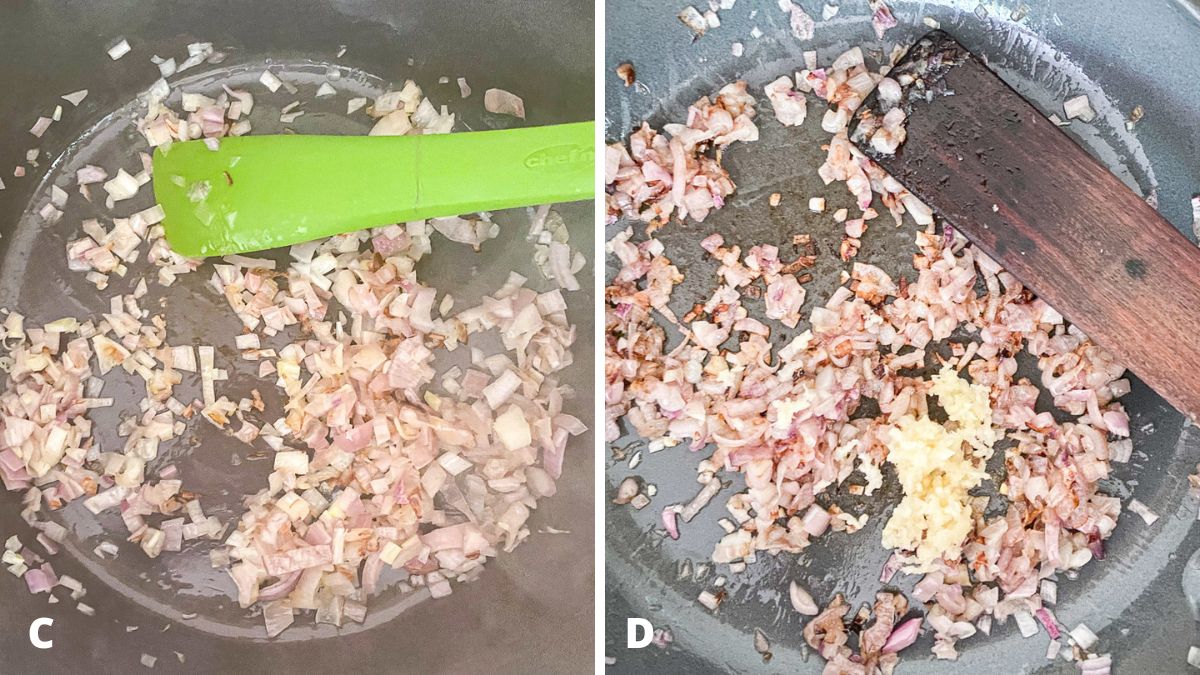 shallots chopped small and in the pan, then cooked with crushed garlic