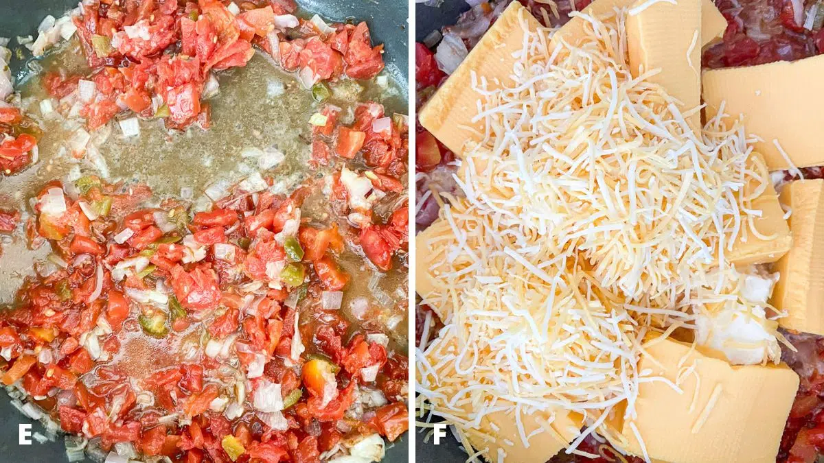 Left - can of tomatoes and chile peppers added to the shallots. Right - cheeses added to the tomatoes