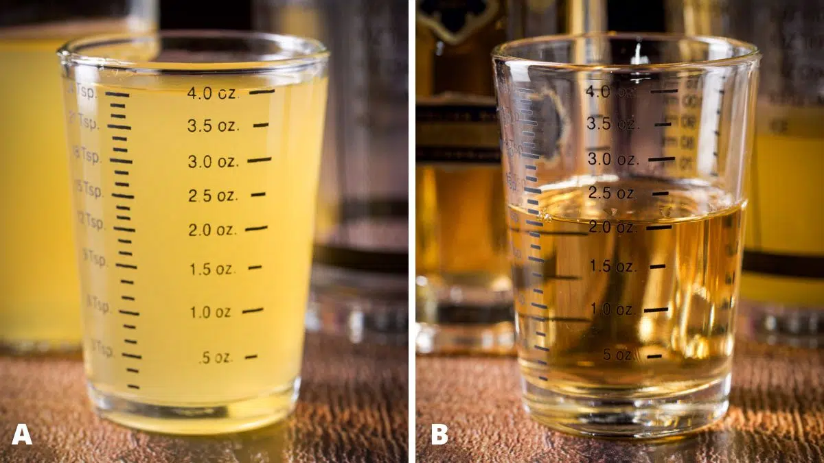 Orange vodka and elderberry liqueur measured out