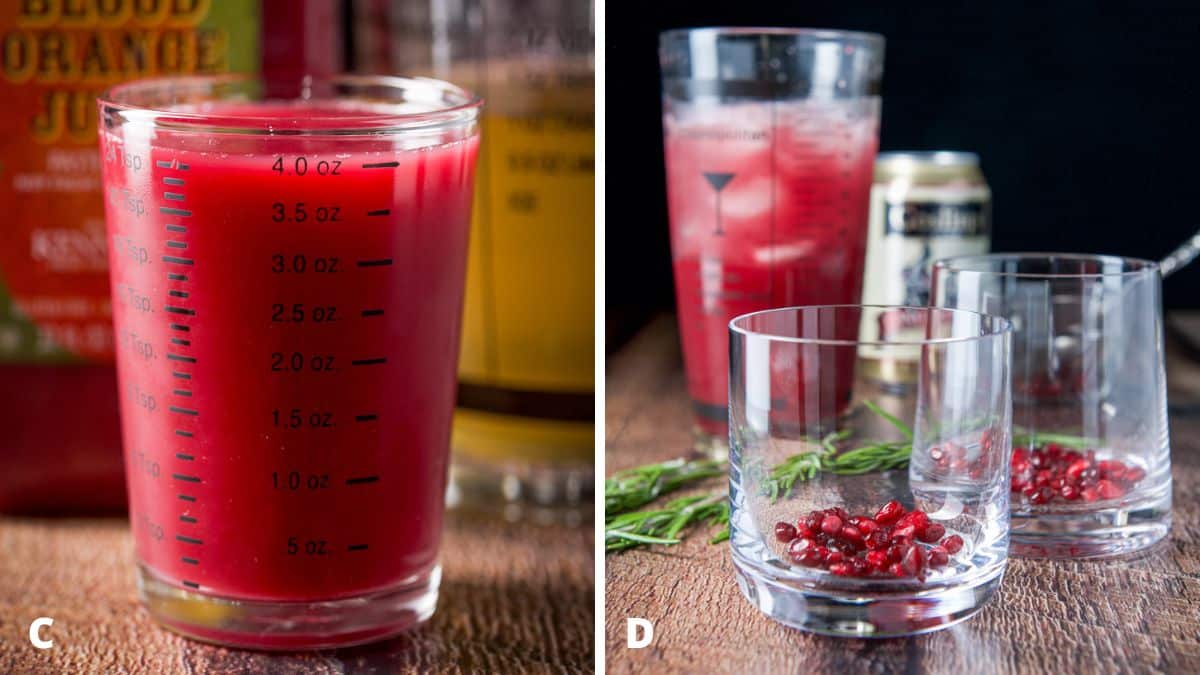Blood orange juice measured out and two glasses with arils in them and the cocktail shaker in the back