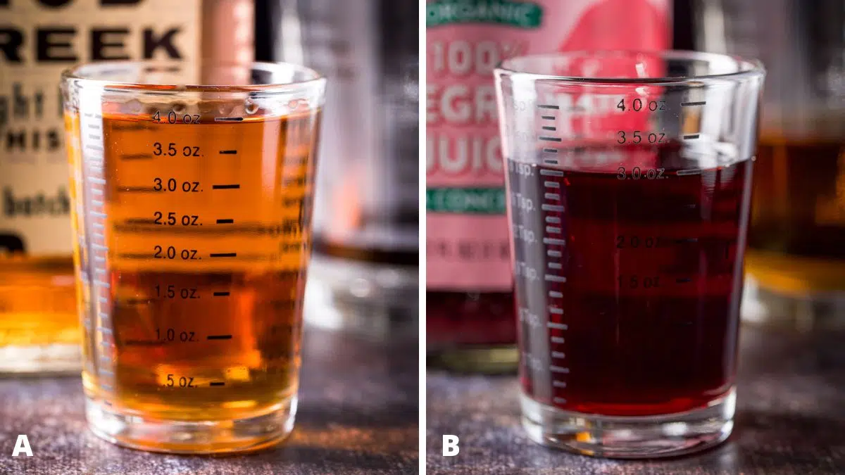 Bourbon and pomegranate juice measured out