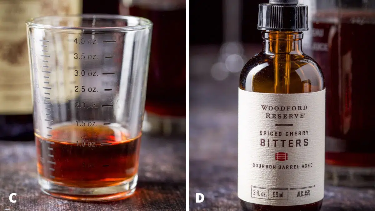 sweet vermouth measured out and bitters in a bottle