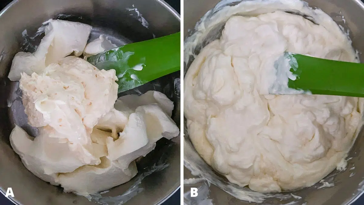 Cream cheese and mayo in a pan and then heated to melting