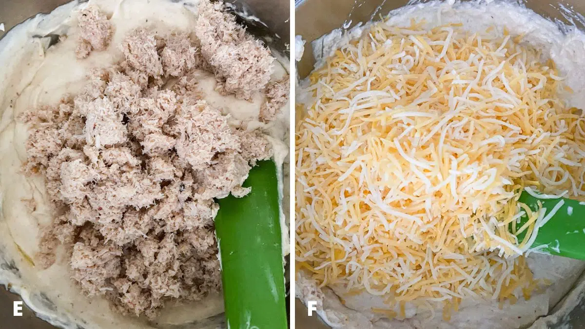 Crabmeat added to the cream cheese, mixed and then shredded cheese added