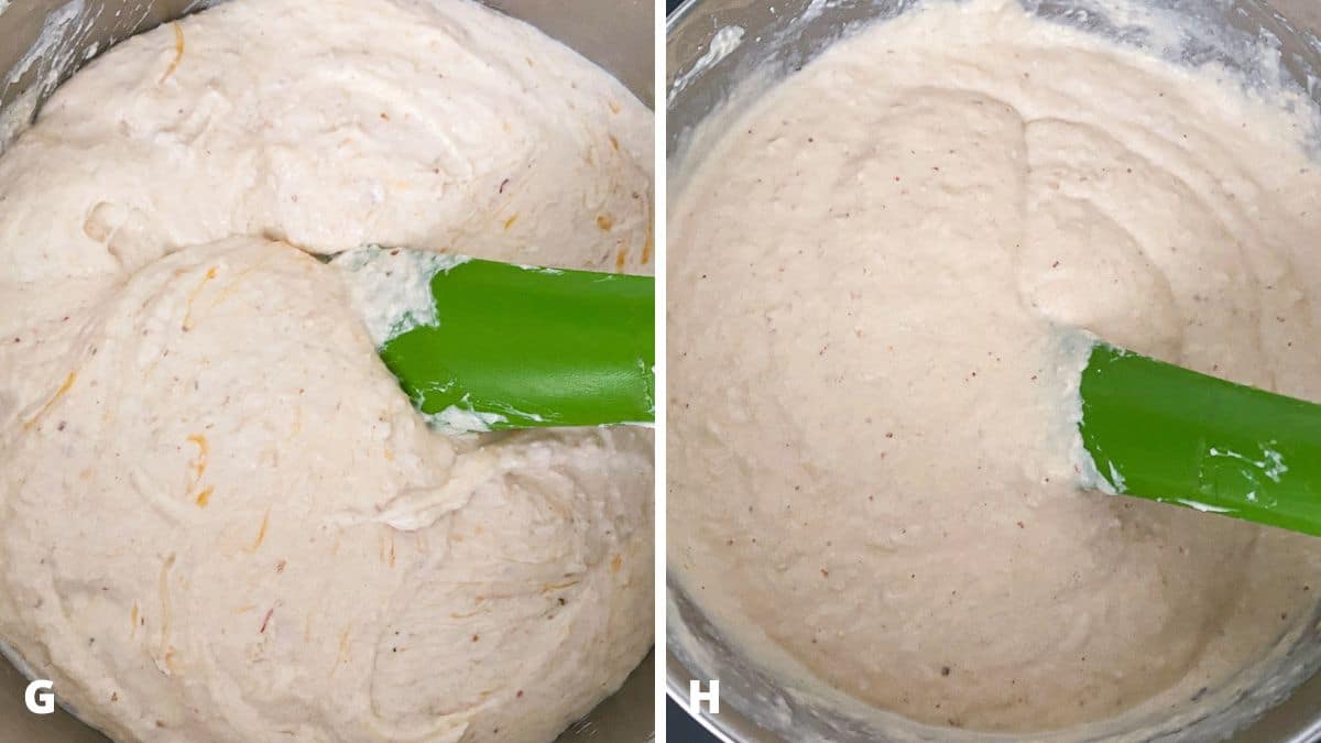 The cheese melting in the pan and then it totally mixed with a green spatula