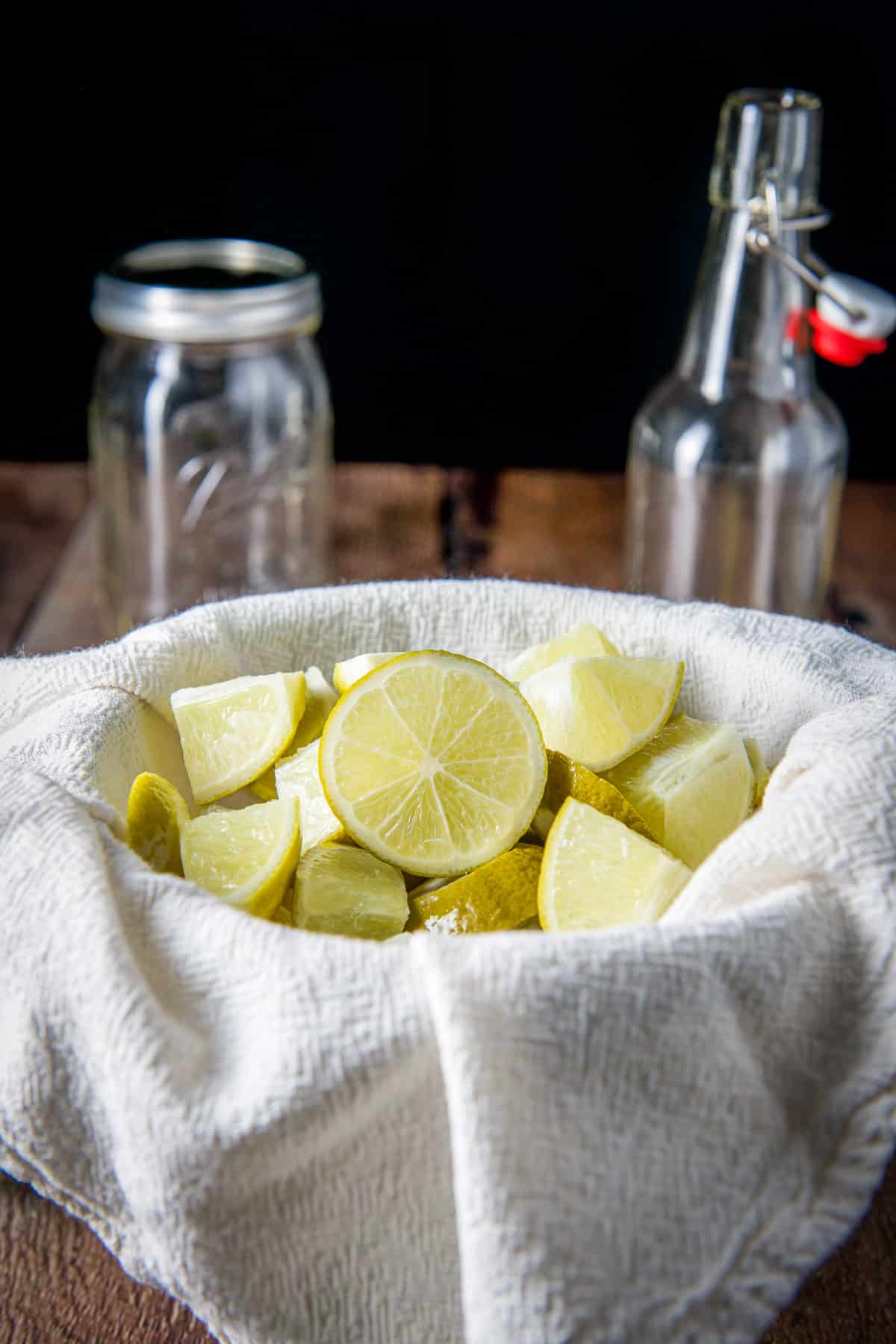 Lime wheels and wedges in the cheesecloth
