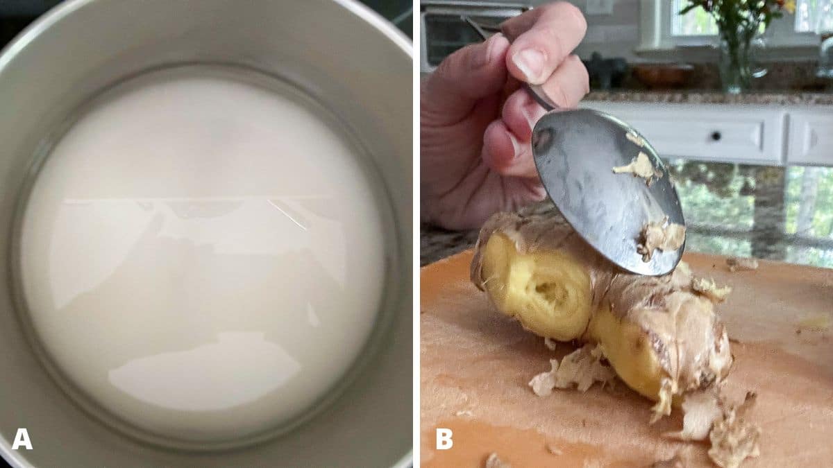 Left - water and sugar in a pan. Right - hand holding spoon peeling ginger