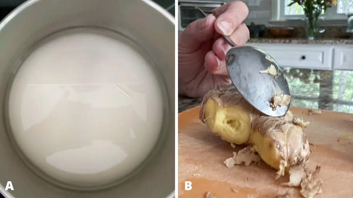 Left - water and sugar in a pan. Right - hand holding spoon peeling ginger