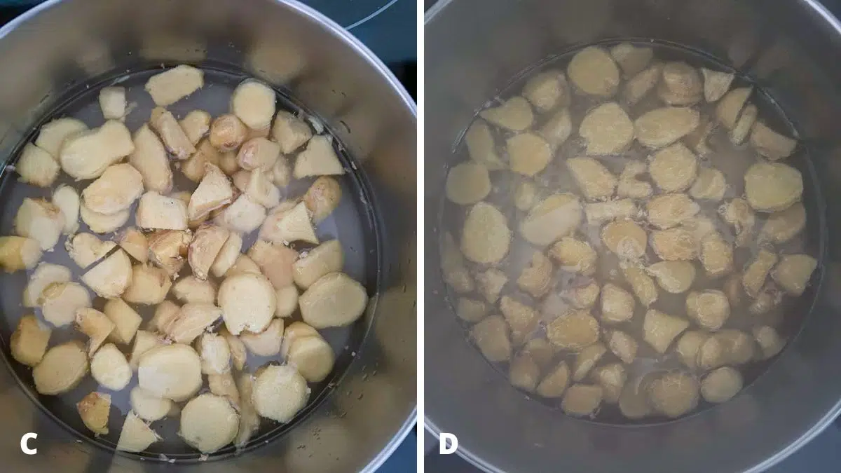 Sliced ginger in a pan of water sugar and then cooked
