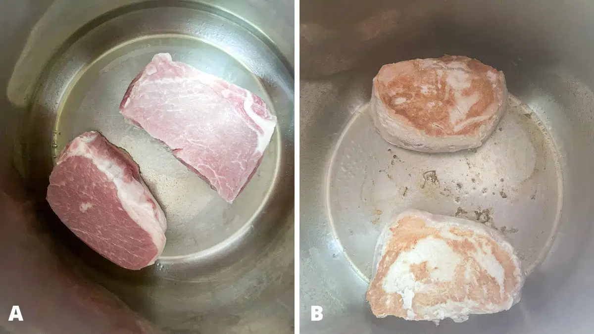 Two raw pork chops in the pan and then seared