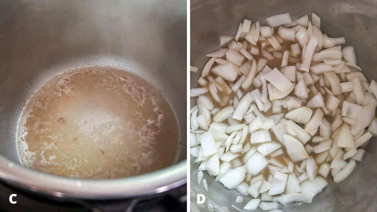 Beef broth in the pan and then with chopped onion in it