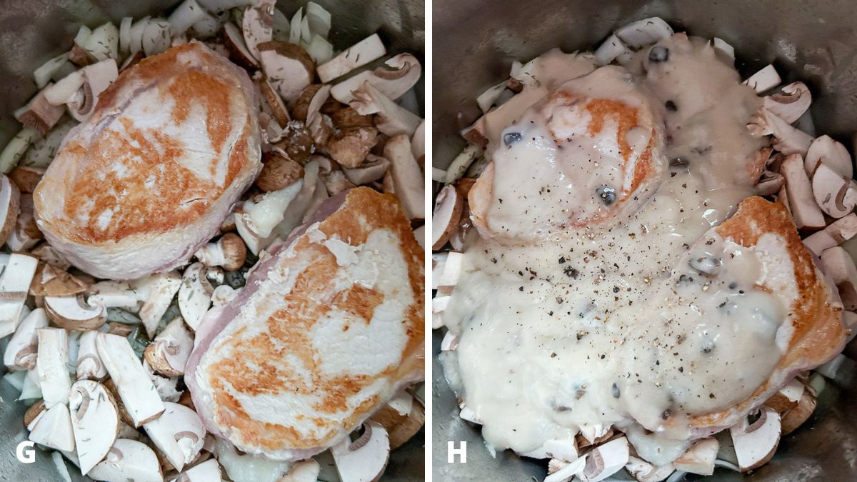 Seared pork chops and mushroom soup and ground pepper