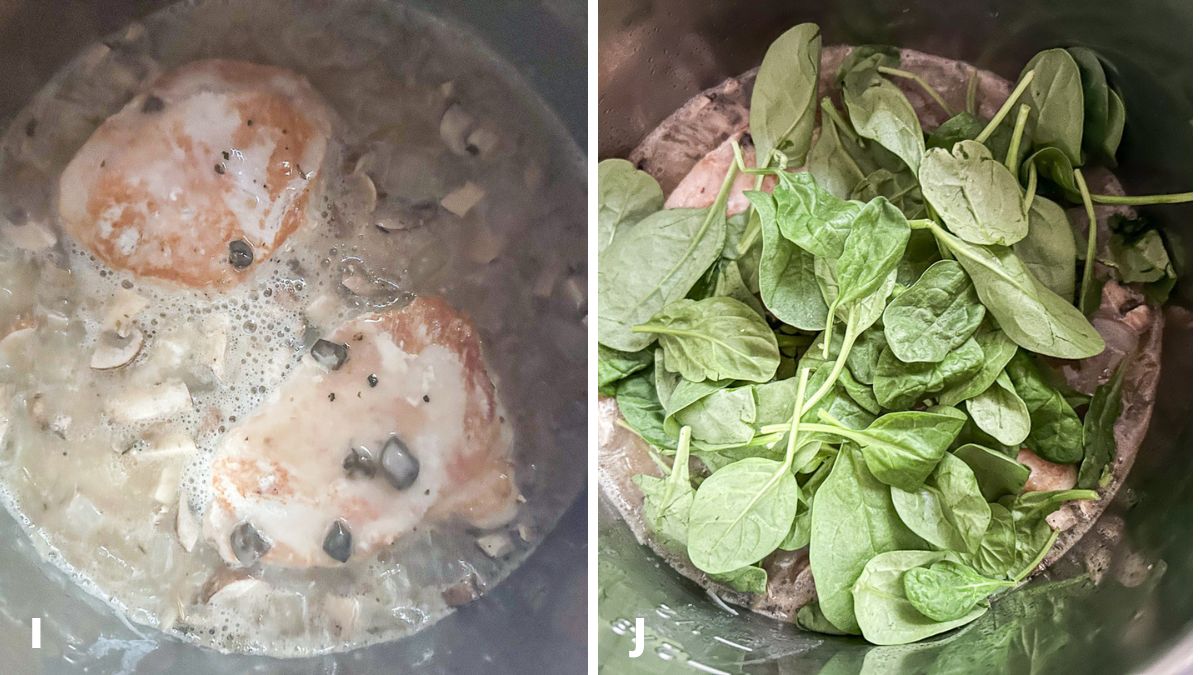 Pork chops cooked in the broth and raw spinach on top