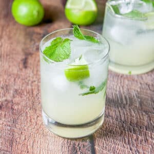 Square photo of the mojito with extra mint and a lime wedge