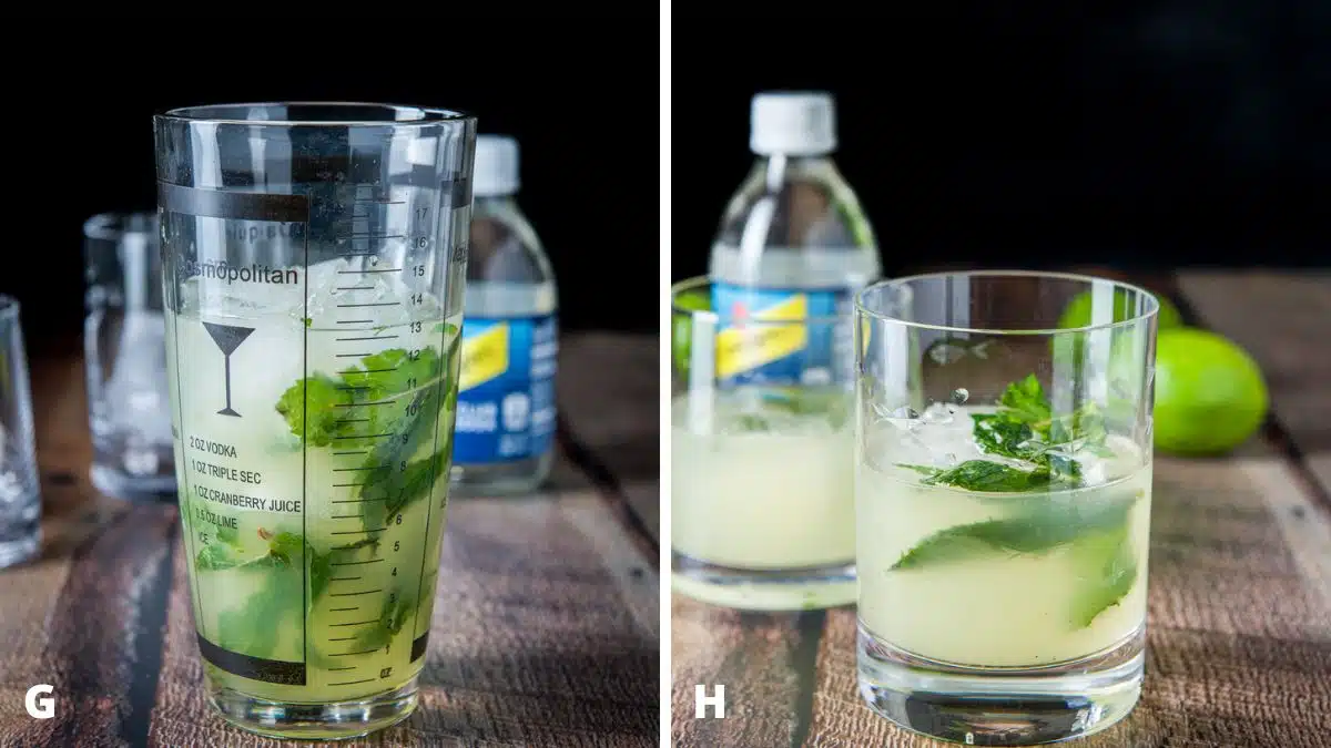 Left - shaker with all the ingredients in it with club soda in the back. Right - the liquid poured between the two glasses