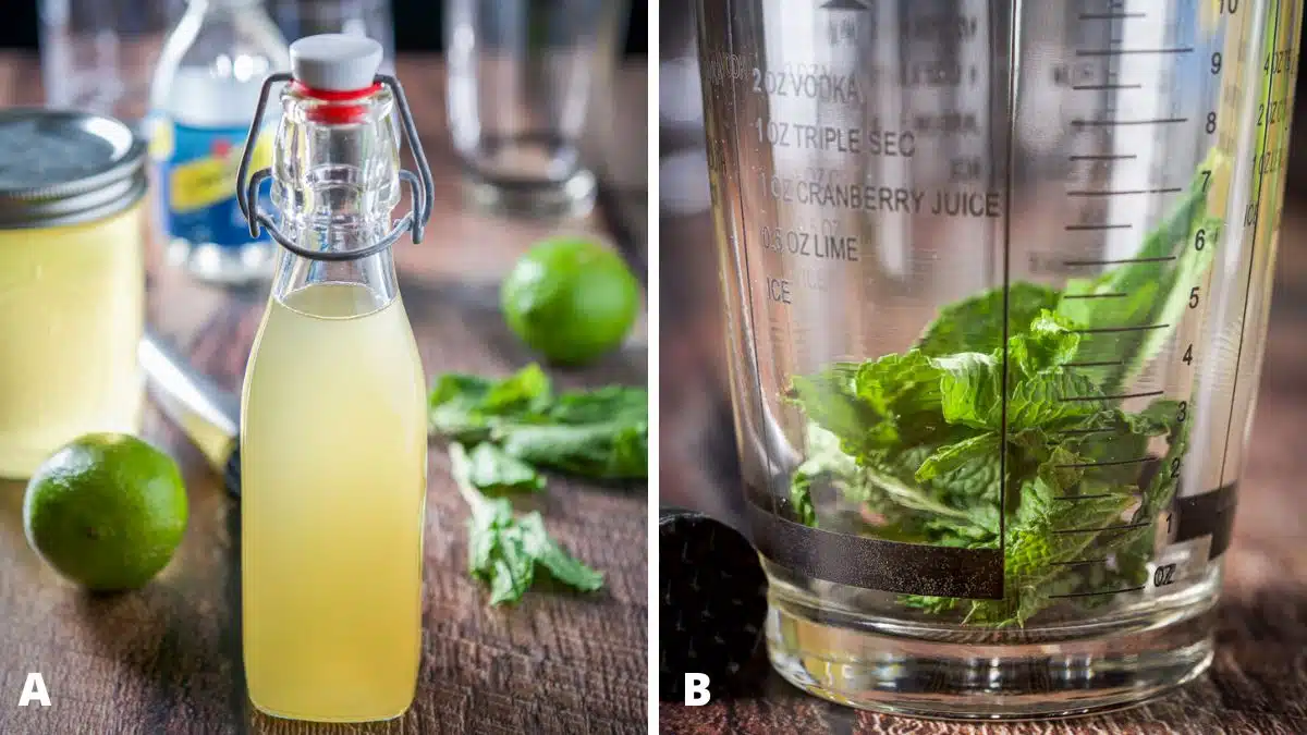 Left - ginger syrup, limes, vodka and club soda. Right - cocktail shaker with mint in it