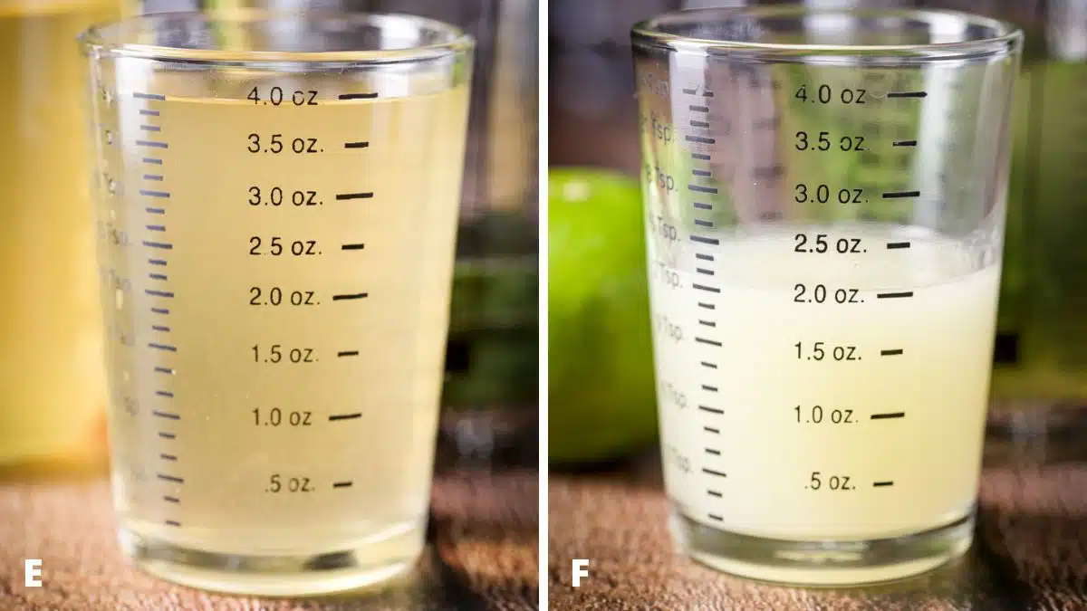 Grapefruit vodka and lime juice measured out