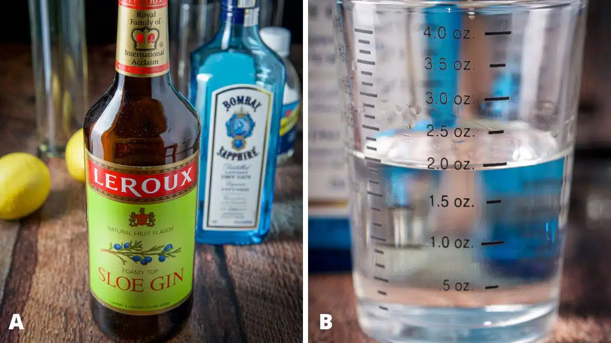 Left - sloe gin, gin, lemon, and club soda on the table. Right - gin measured out