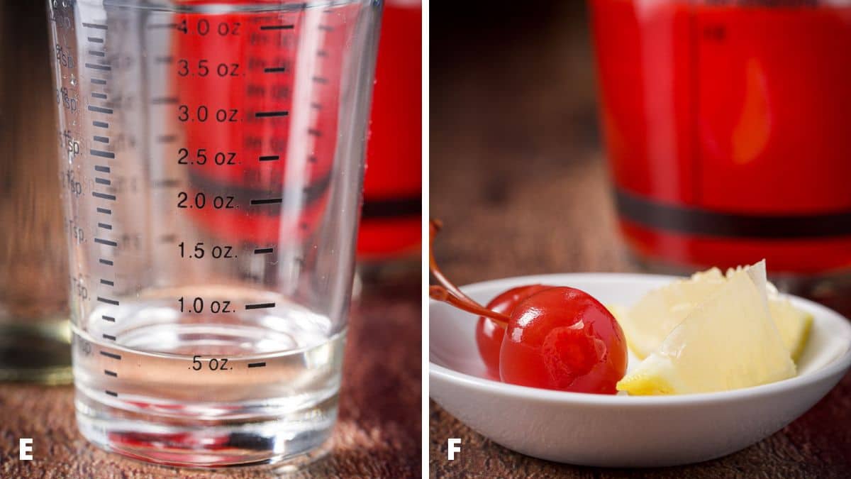 Simple syrup, lemon wedges, and cherries on a plate