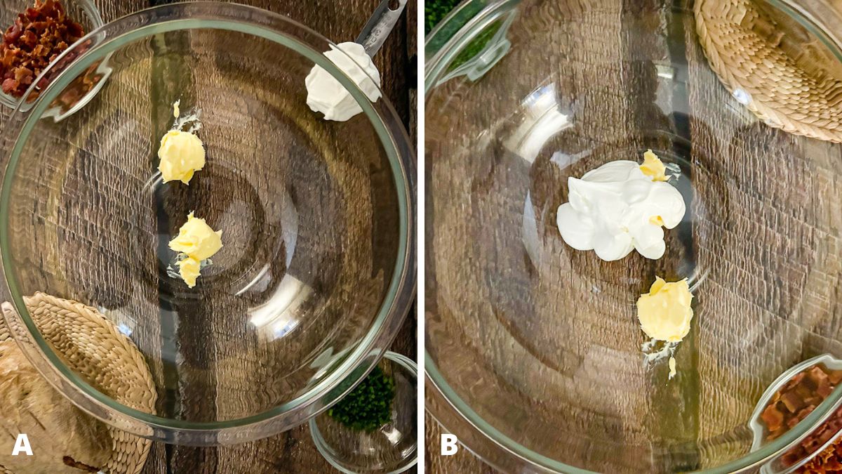 A glass bowl with butter in it and then sour cream added