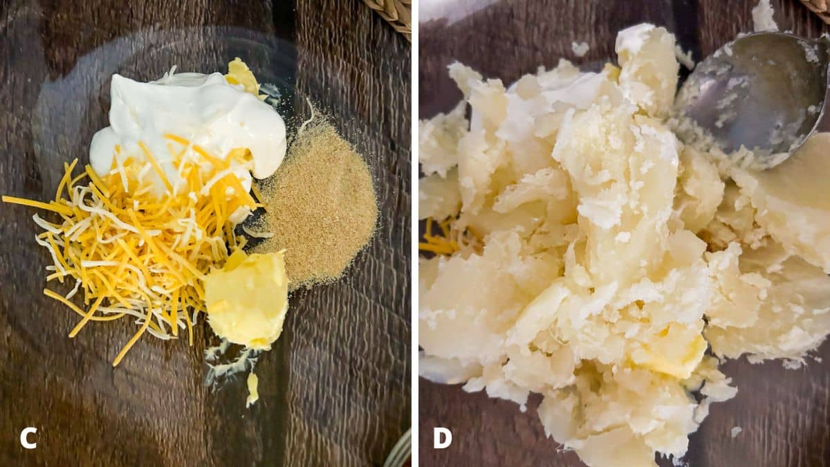 Garlic powder and cheese added to the bowl, and then baked potato added on that