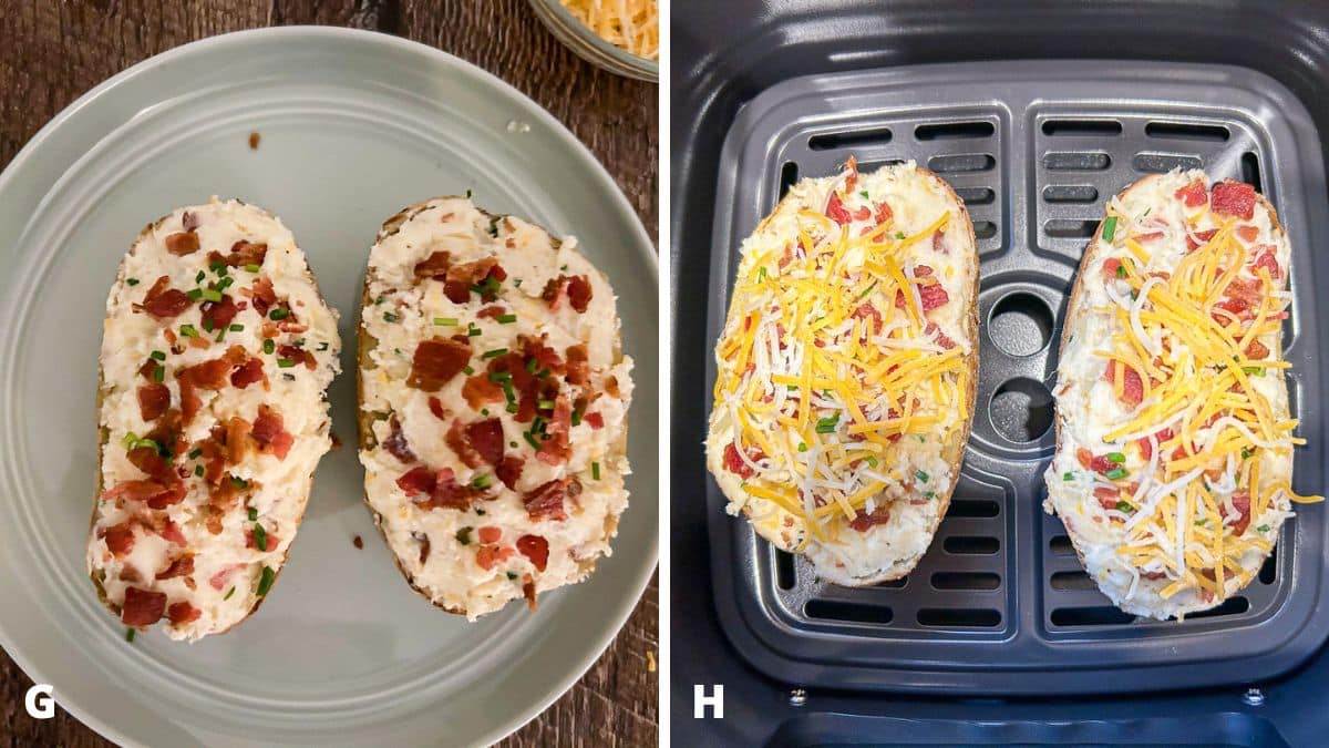 A green plate with the stuffed potatoes with bacon and the air fryer basked with the potatoes and cheese