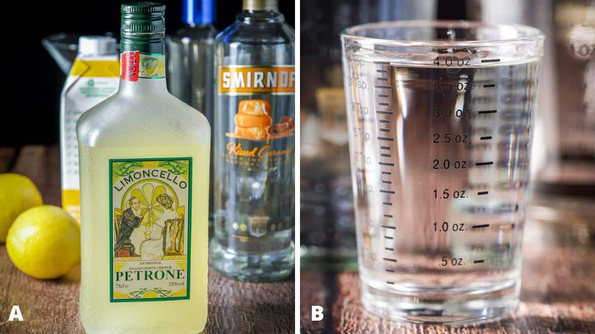 Limoncello, lemon, vodka, simple syrup, and cream on a table - and the vodka measured out