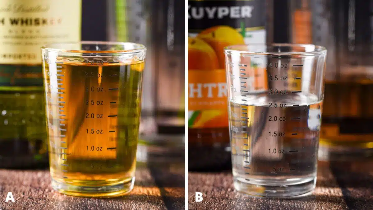Whiskey and peach schnapps measured out