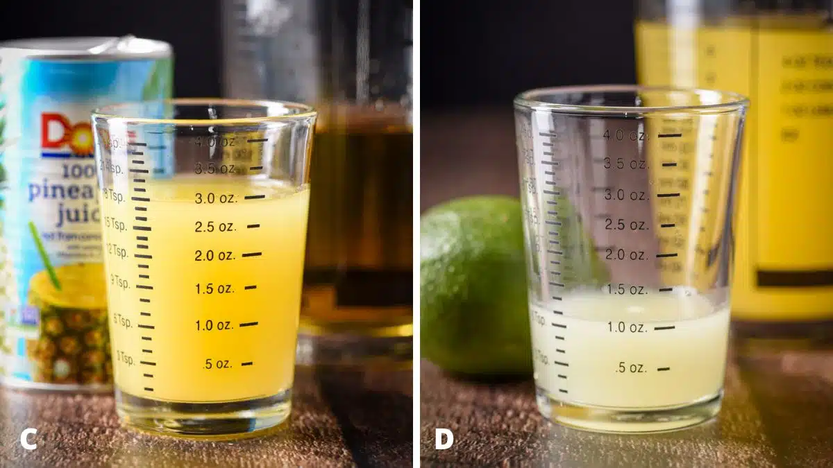 Pineapple juice and lime juice measured out