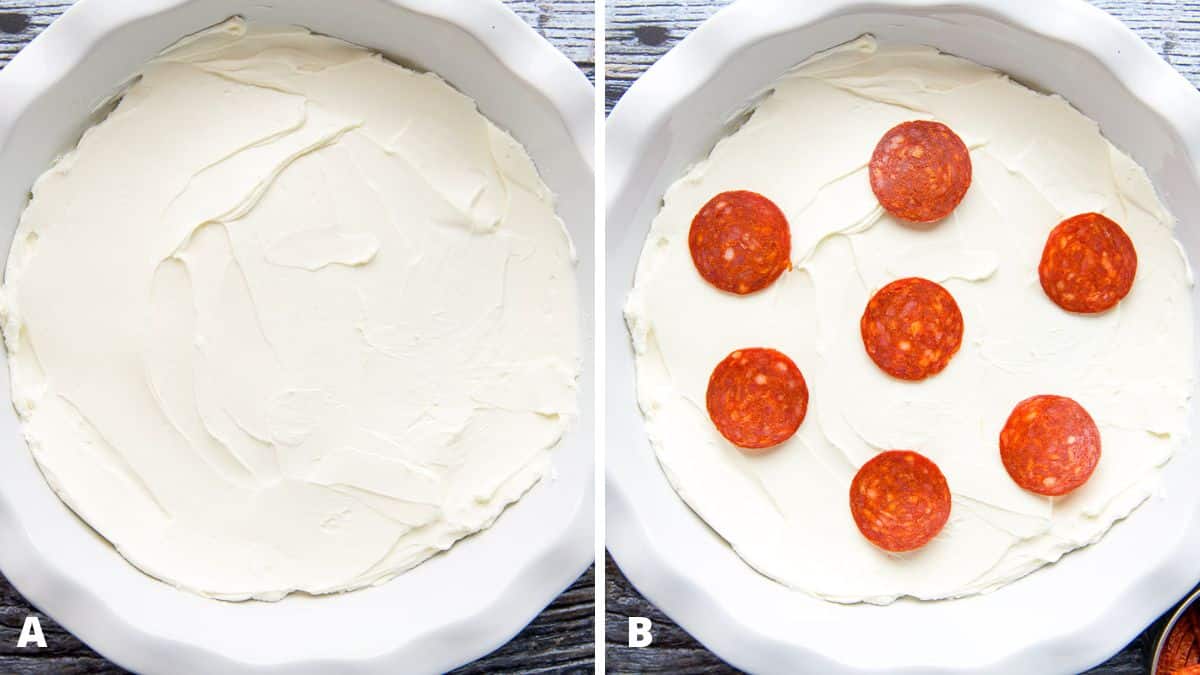 overhead views of cream cheese spread in a pie plate and then with pepperoni laid on top