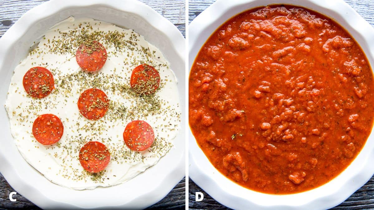 herbs sprinkled on the pepperoni and cream cheese and then pasta sauce on top