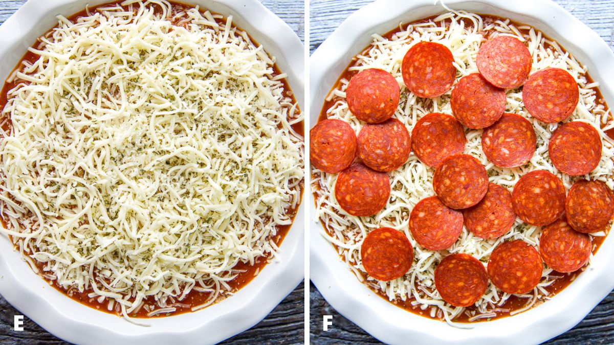 mozzarella and herbs sprinkled on and then pepperoni laid on the cheese