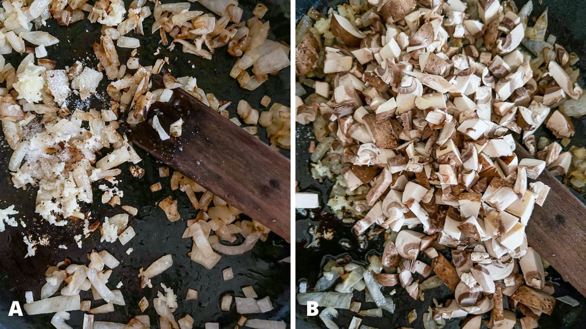 Onions cooked with salt, pepper, and crushed garlic. And mushrooms added to the cooked veggies