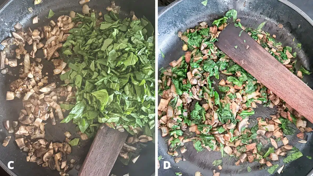 Spinach was added to the onion mixture on the left and on the right, the spinach wilted