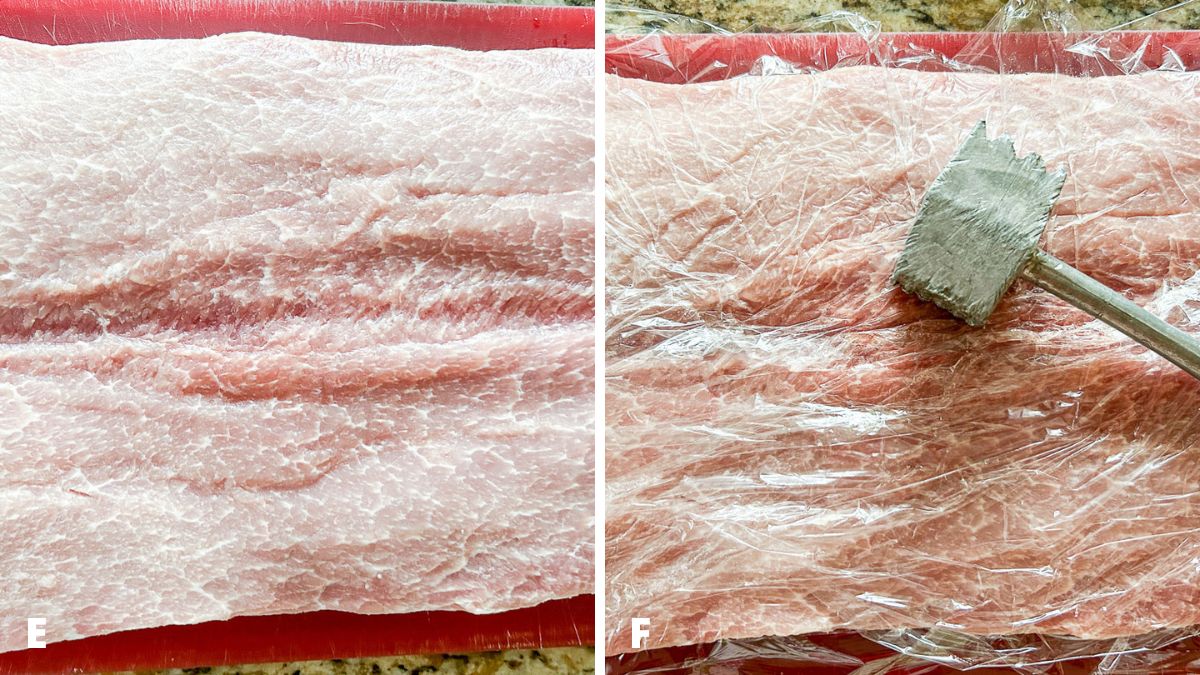 Pork was cut along the equator and laid out like a book. Plastic wrap laid on the opened pork and pounded even
