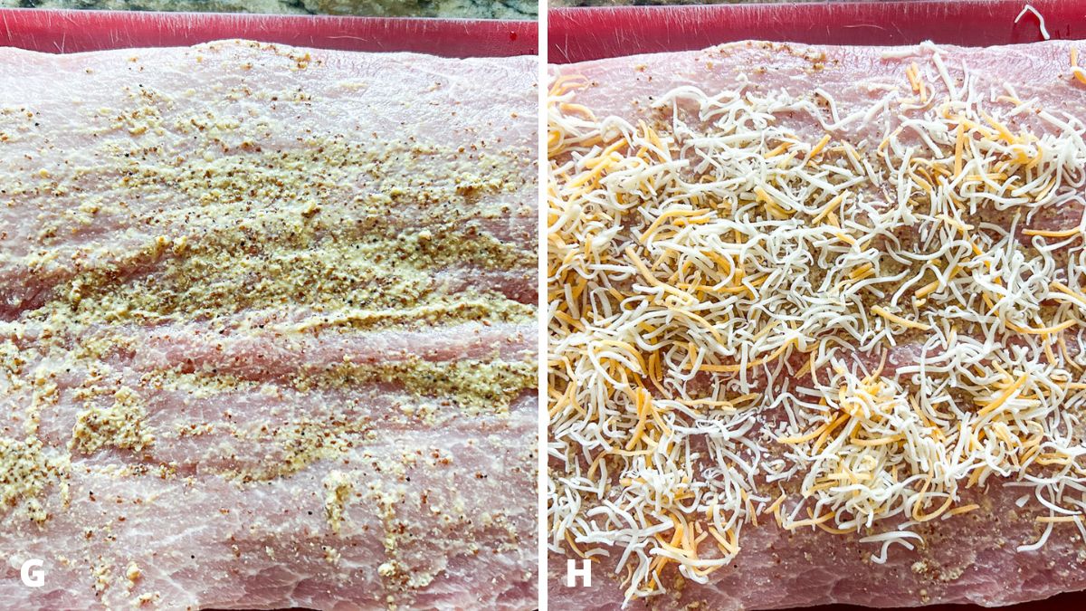 Salt, pepper, and mustard spread on pork. Then cheese added