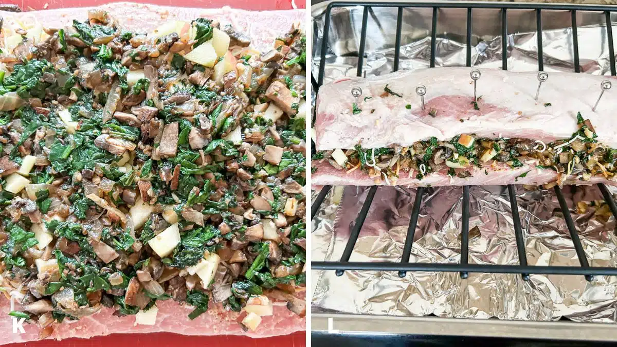 mushroom spinach mixture added to the pork. Then the pork closed over the stuffing and held together with metal picks