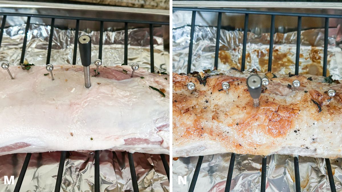 Meat thermometer added to the raw roast and then a photo of the roast cooked