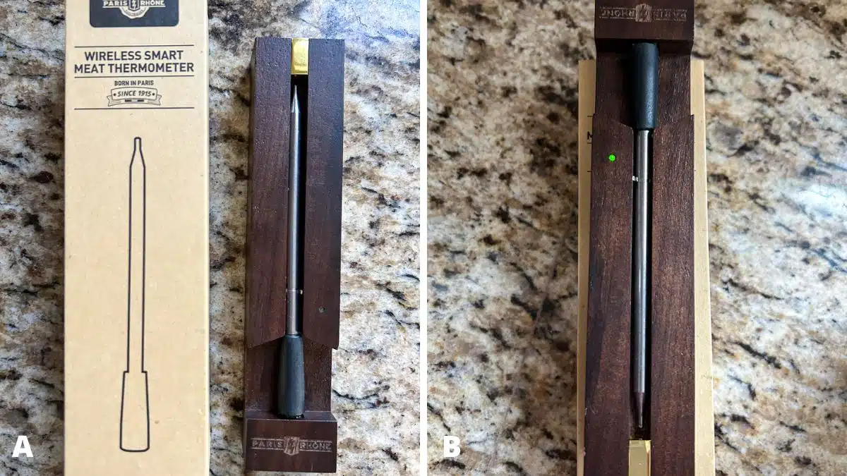 On the left the box that the thermometer came in with the wooden holder, and the right, the thermometer plugged in with a green light