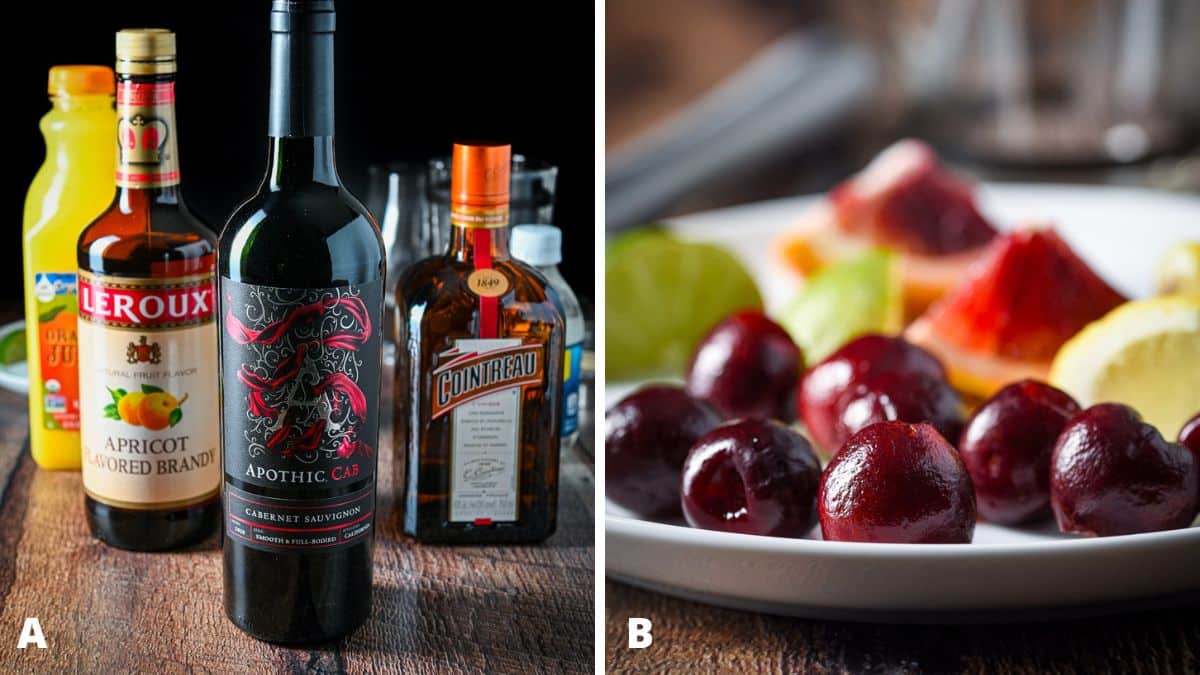 Left - wine, apricot brandy, cointreau, orange juice, and club soda. Right - fruit on a white plate