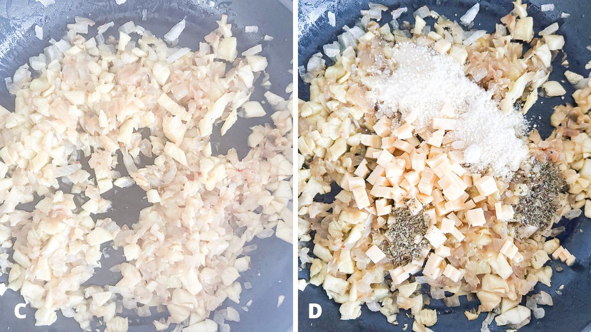 Cooked onion, garlic, and zucchini in a pan and added cheeses and herbs