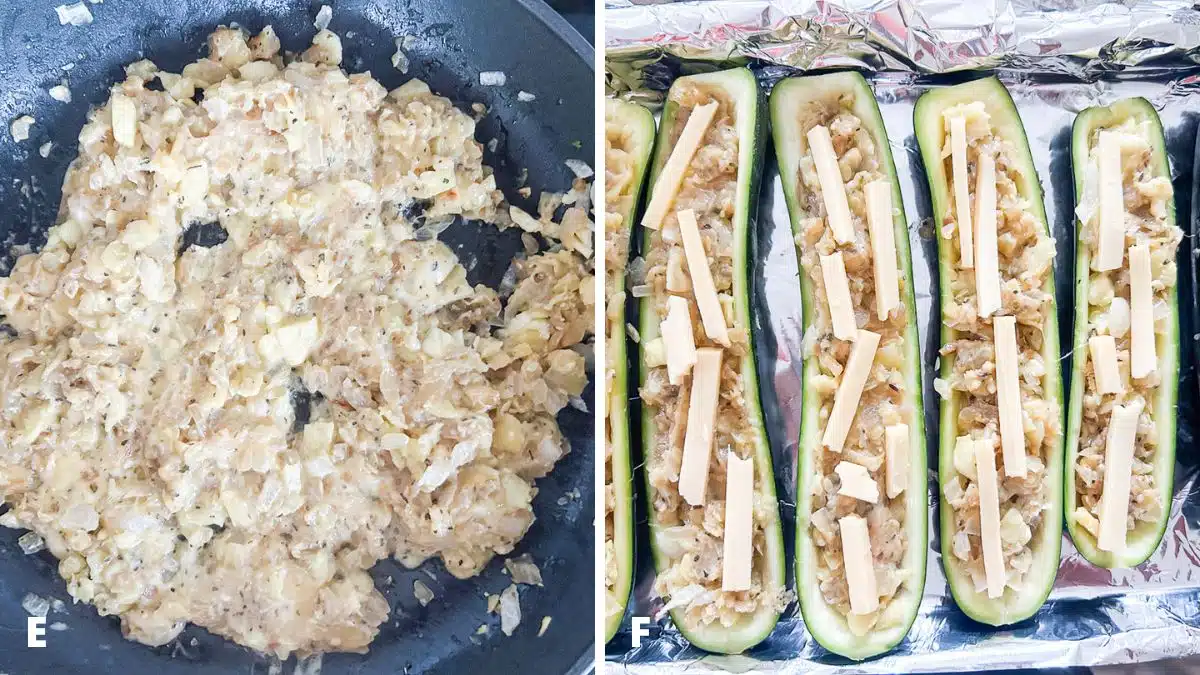 Left - melted cheese in the vegetable mixture. Right - a foil lined pan with the zucchini stuffed with cheese on it