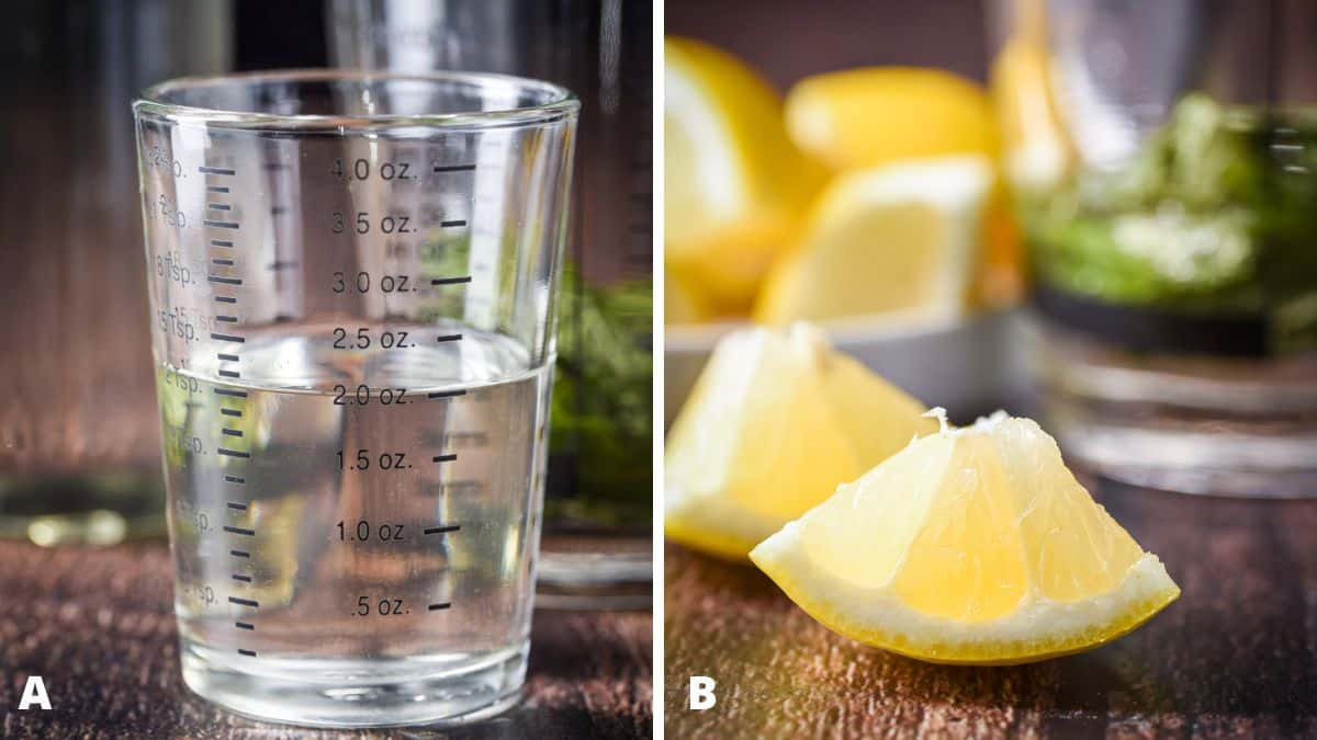 Simple syrup measured out and lemon's cut in wedges