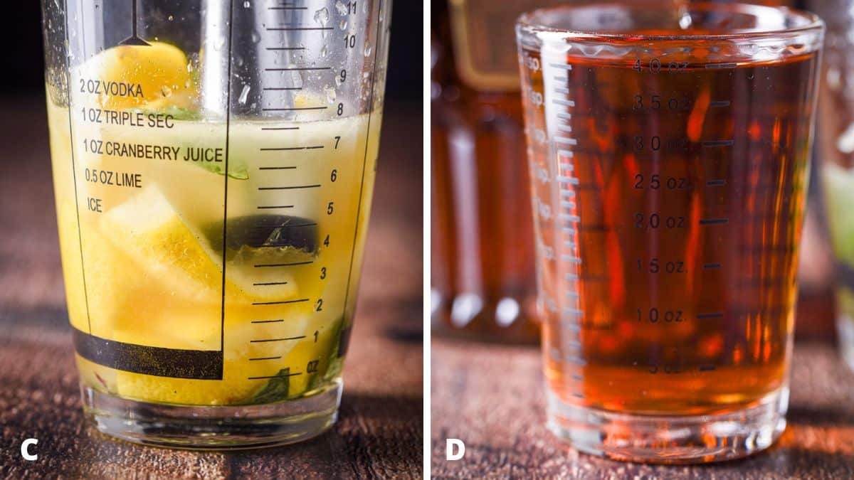 Cocktail shaker with a muddler, mint, and lemon. And whiskey measured out