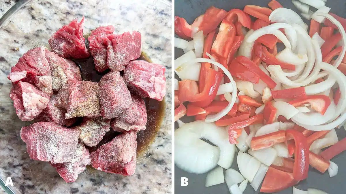 Steak tips in a bowl with marinade ingredients on it. And overhead view of onion and red pepper in a pan