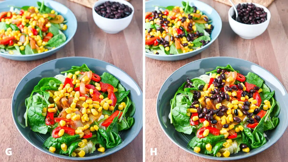 Bowls with corn added on and then black beans