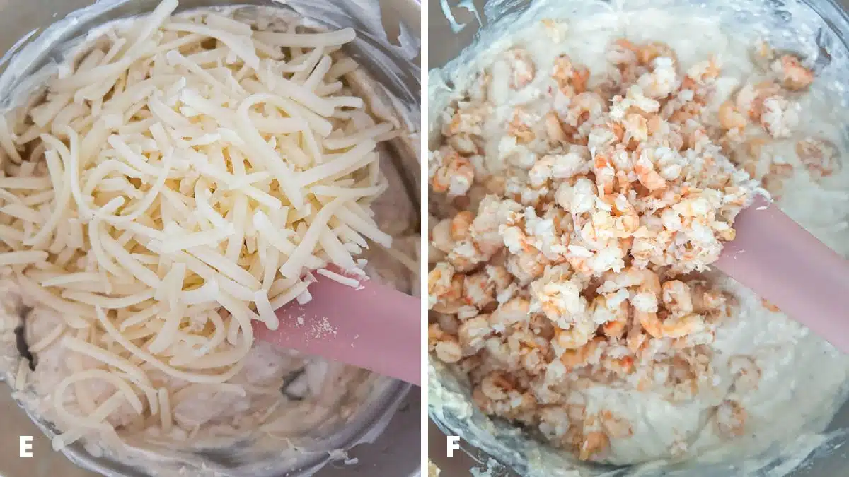 Shredded cheese in the pan, then melted and shrimp added